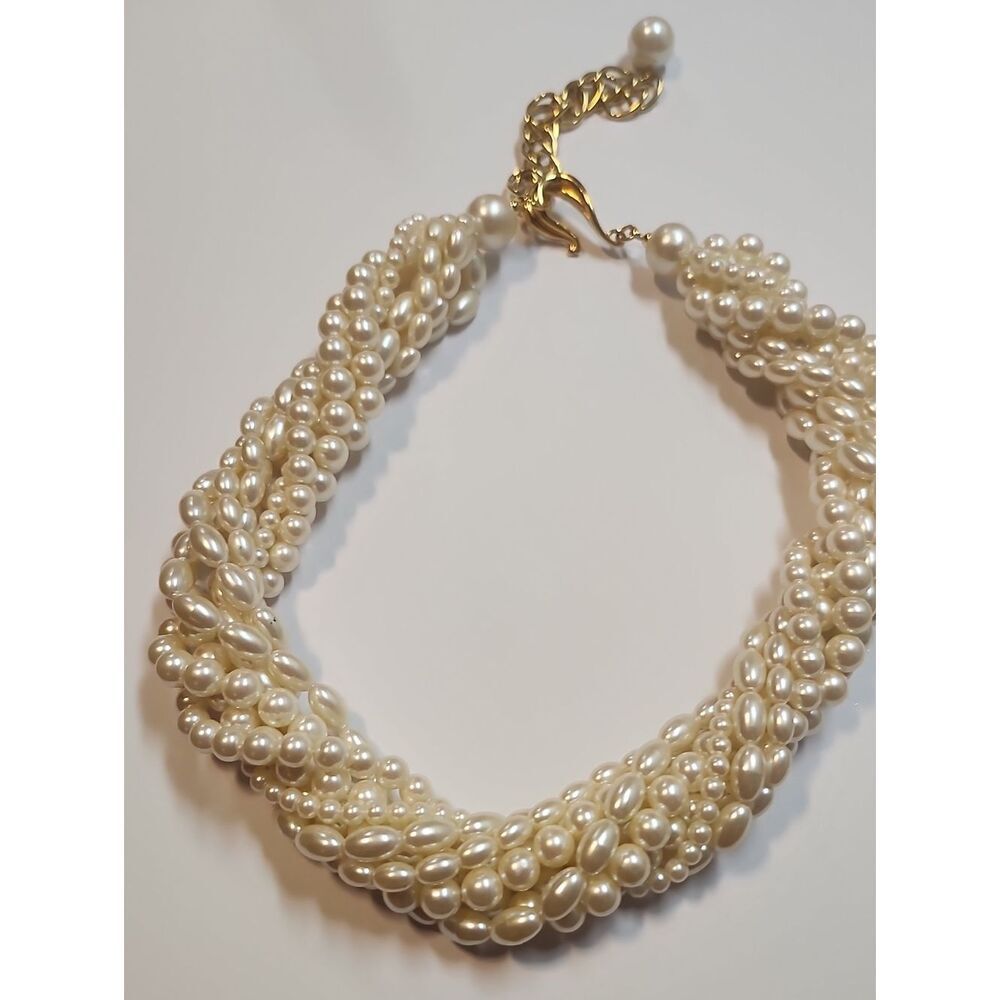 Elegant Cream Multi-Strand Faux Pearl Twist Necklace - Gold Tone Accents